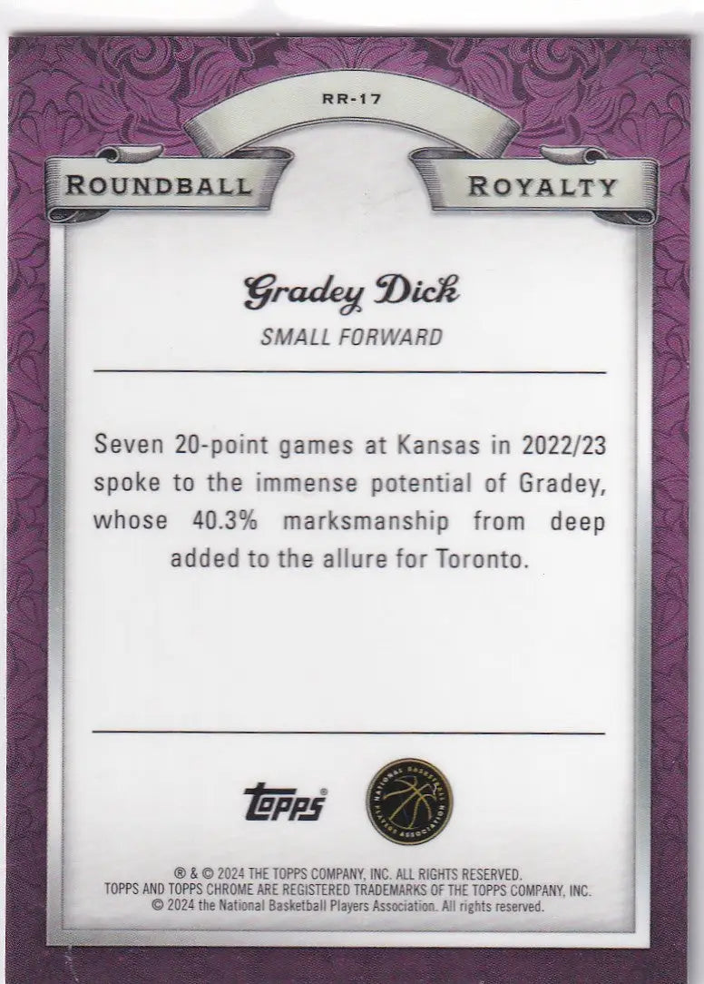 2024 TOPPS CHROME #RR-17 GRADEY DICK ROOUND BALL REFRACTOR- TORONTO RAPTORS - Basketball Card Single