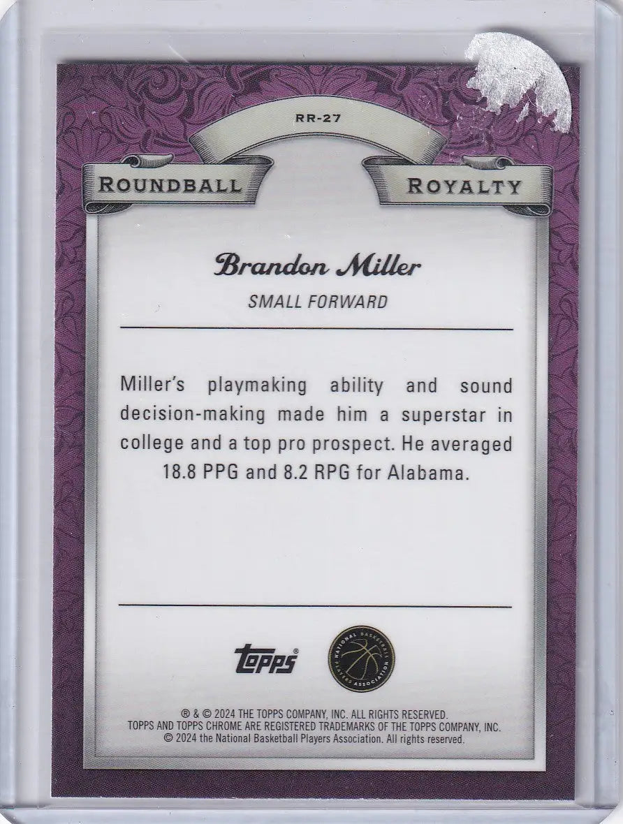 2024 TOPPS CHROME #RR-27 BRANDON MILLER ROUNDBALL REFRACTOR- CHARLOTTE HORNETS - Basketball Card Single