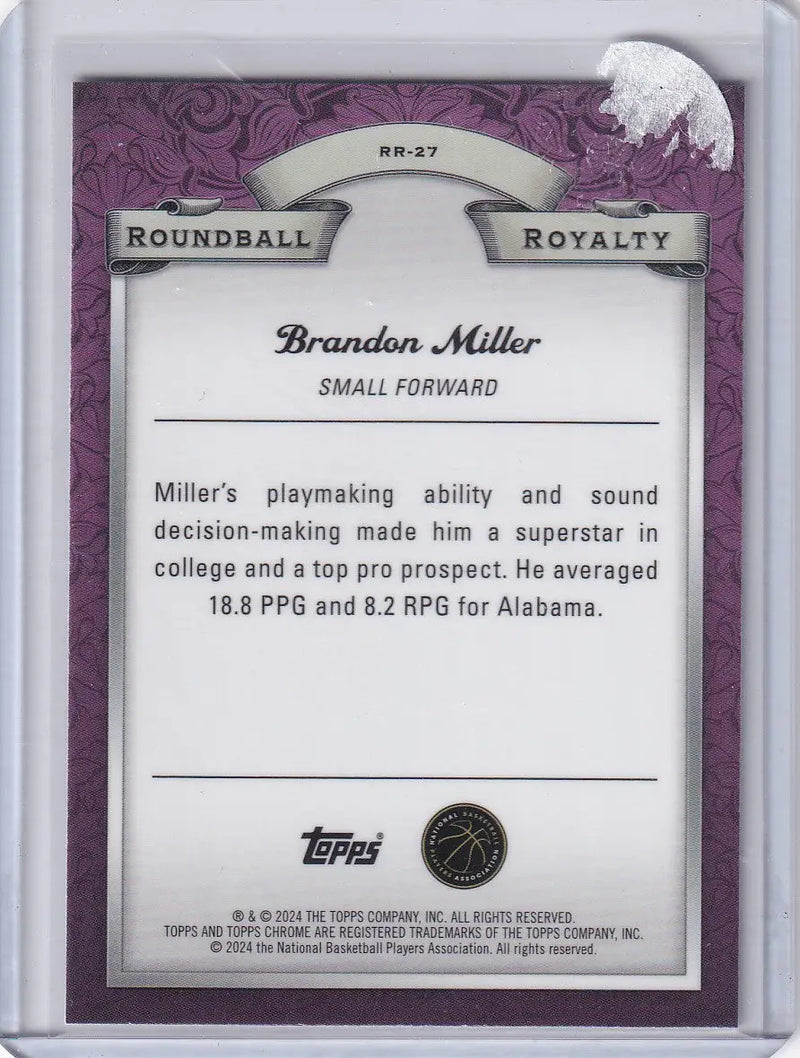 2024 TOPPS CHROME #RR-27 BRANDON MILLER ROUNDBALL REFRACTOR- CHARLOTTE HORNETS - Basketball Card Single