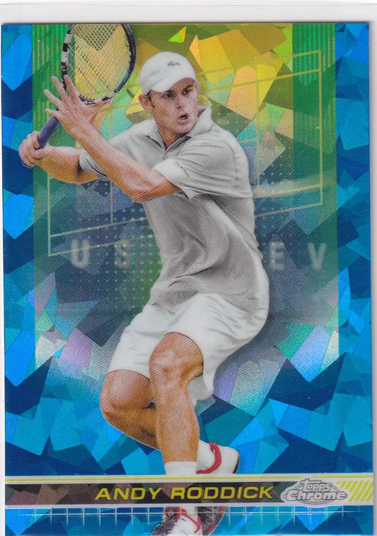Tennis player in white preparing for backhand shot in Topps Chrome Sapphire card