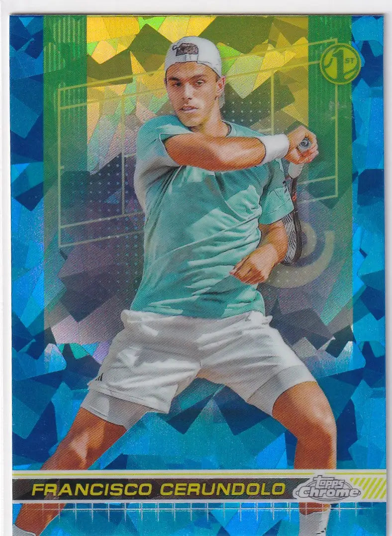 Tennis player in teal shirt preparing backhand shot in Topps Chrome Sapphire card