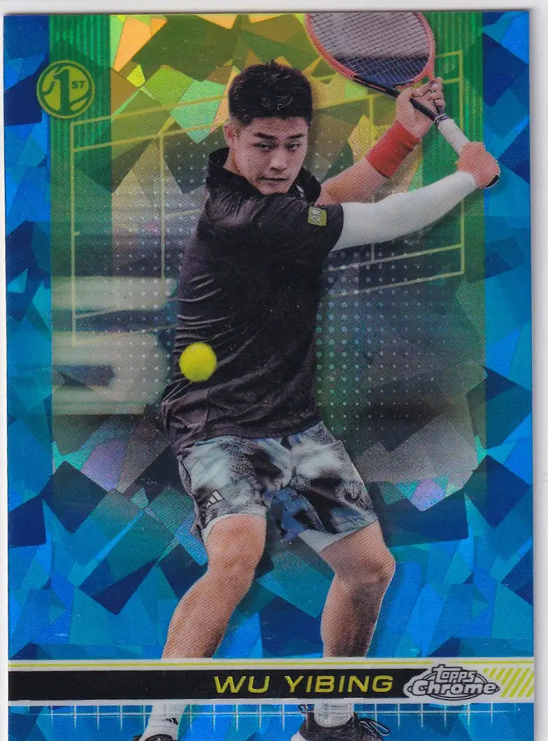 Tennis player in black outfit executing backhand shot from Topps Chrome Sapphire card