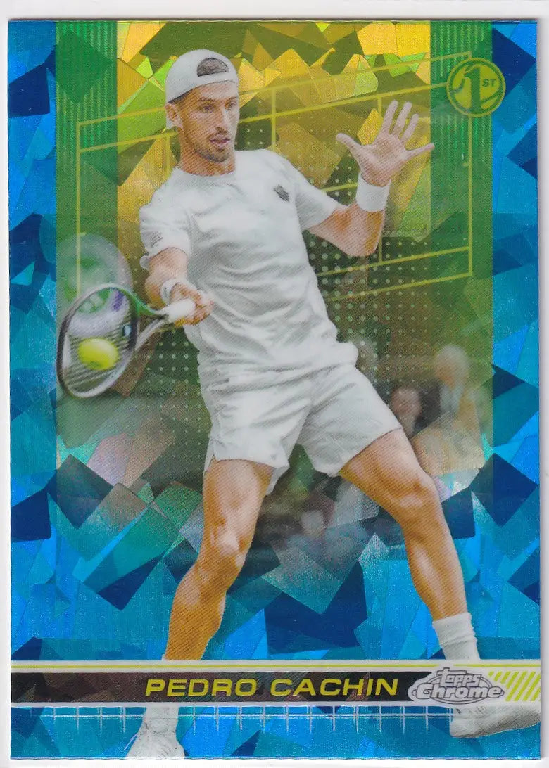 Tennis player in white hitting forehand shot on court from Topps Chrome Sapphire card
