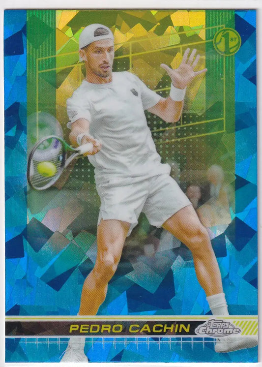 Tennis player in white hitting forehand shot on court from Topps Chrome Sapphire card