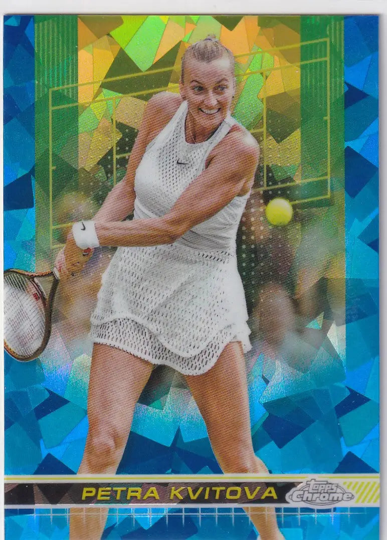 Tennis player in white dress hitting backhand shot from Topps Chrome Sapphire card