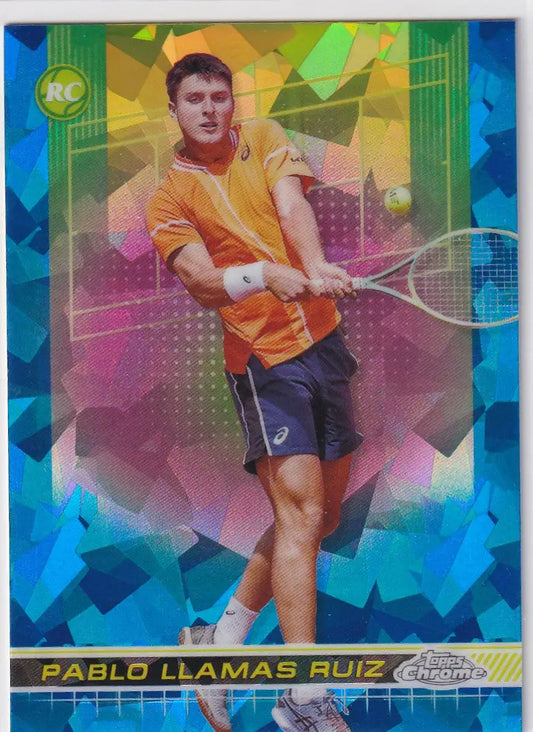 Holographic Topps Chrome Sapphire card of Pablo Llamas Ruiz making a backhand shot