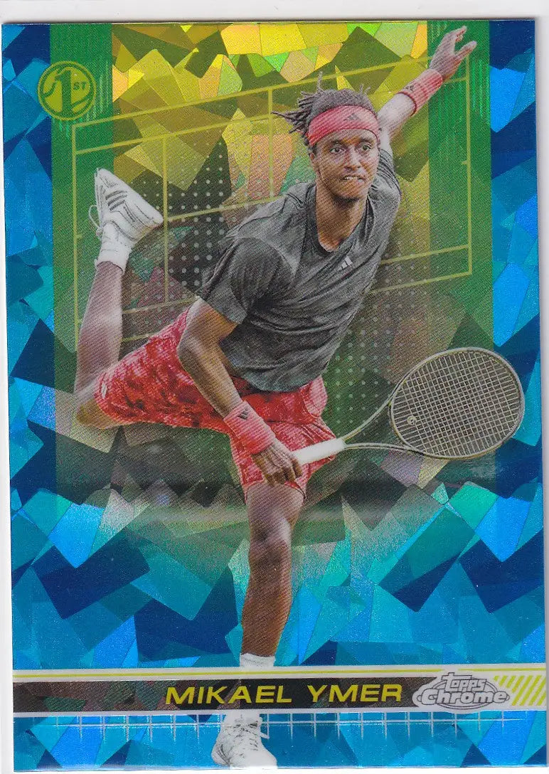 Tennis player in serve wearing grey shirt and red shorts Topps Chrome Sapphire card