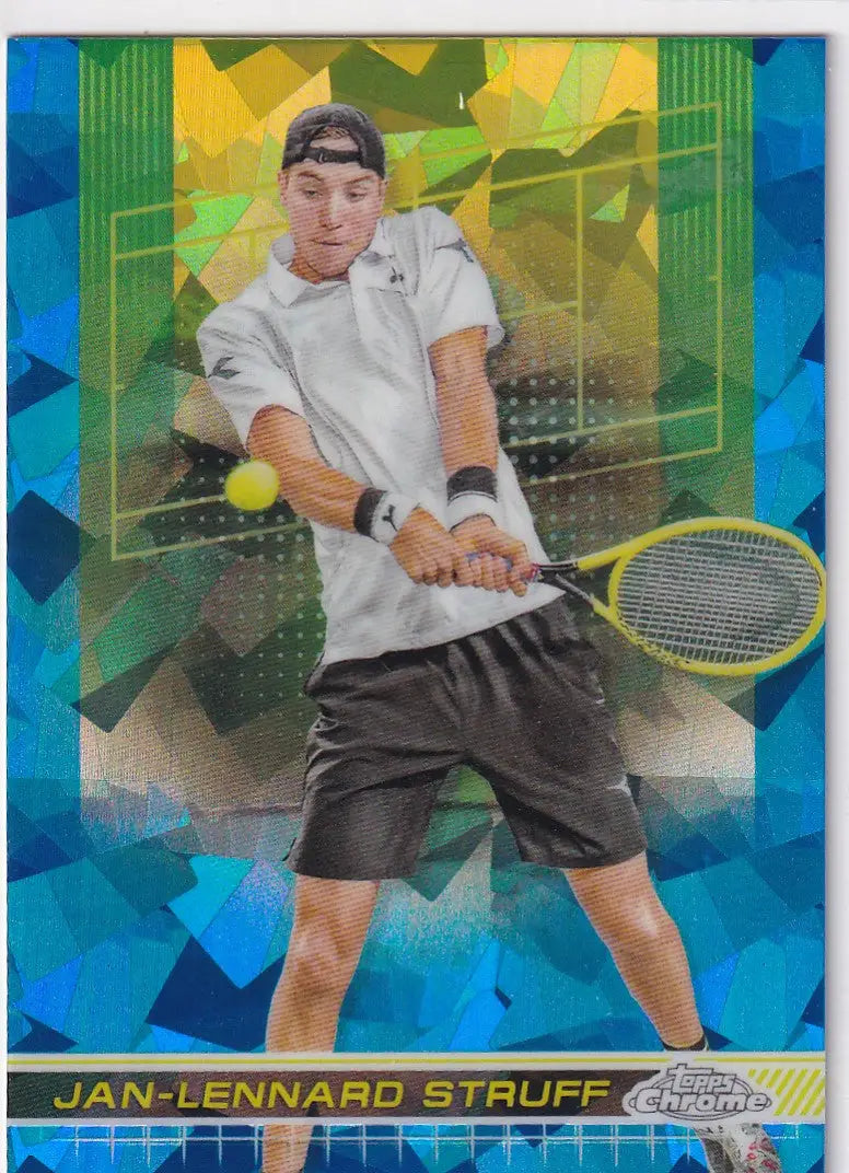 Tennis player in white shirt hitting a backhand, Topps Chrome Sapphire card design