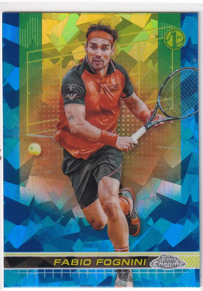 Tennis player Fabio Fognini in orange hitting a forehand for Topps Chrome Sapphire card
