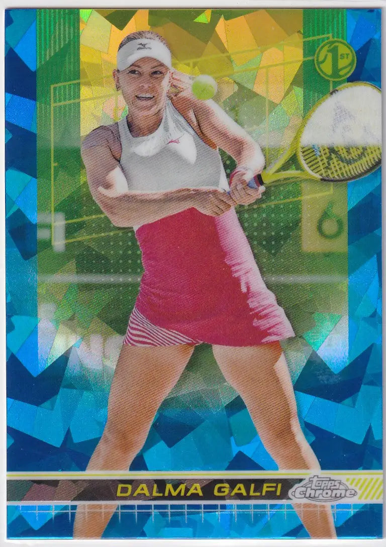Tennis player in white tank top and pink skirt performs backhand for Topps Chrome Sapphire