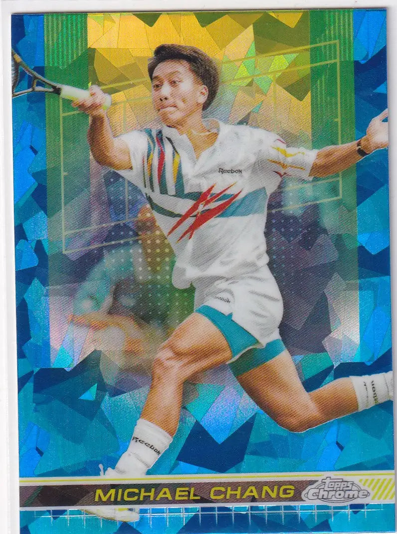 Holographic Topps Chrome Sapphire card of tennis player Michael Chang in action
