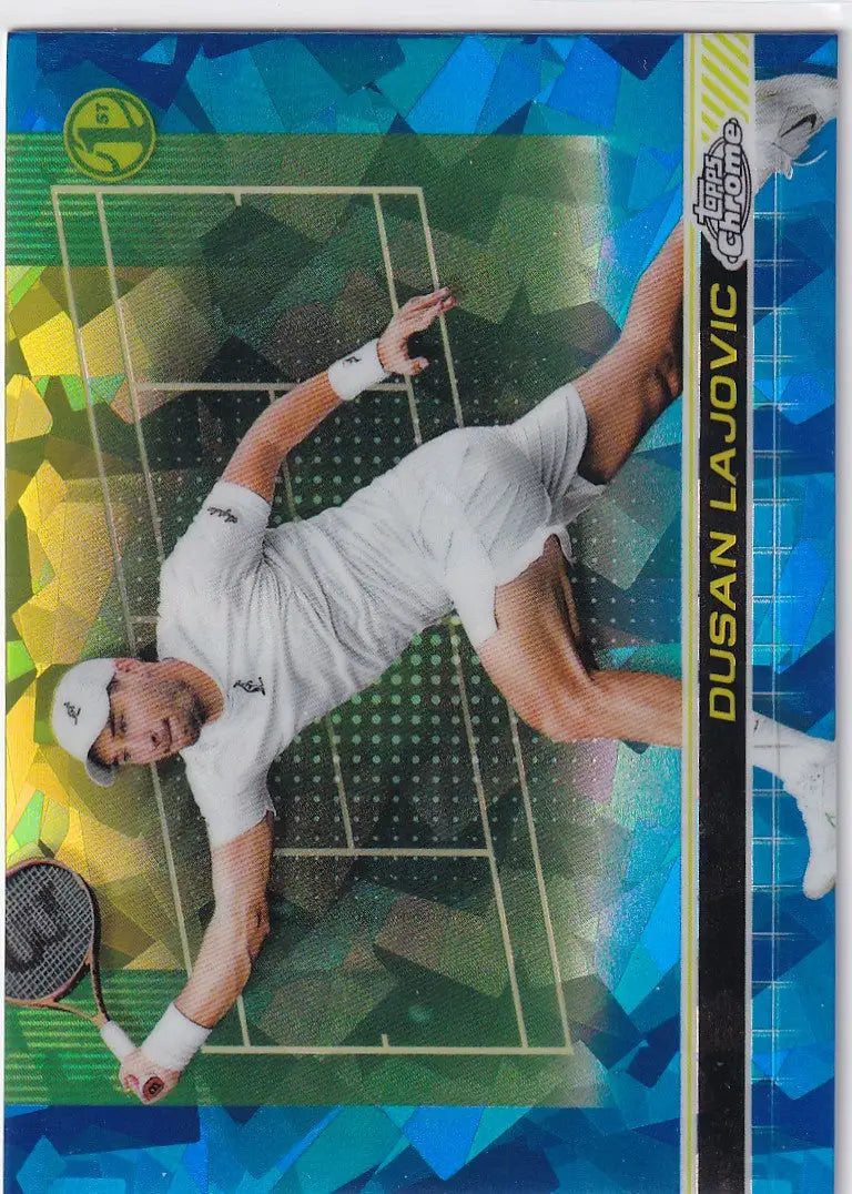 Tennis player in white diving on court featured in Topps Chrome Sapphire Dusan Lajovic