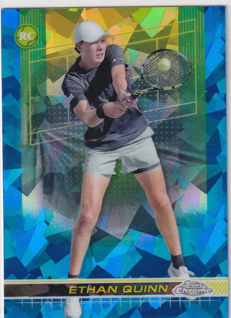 Tennis player in ready stance holding racquet on Topps Chrome Sapphire trading card