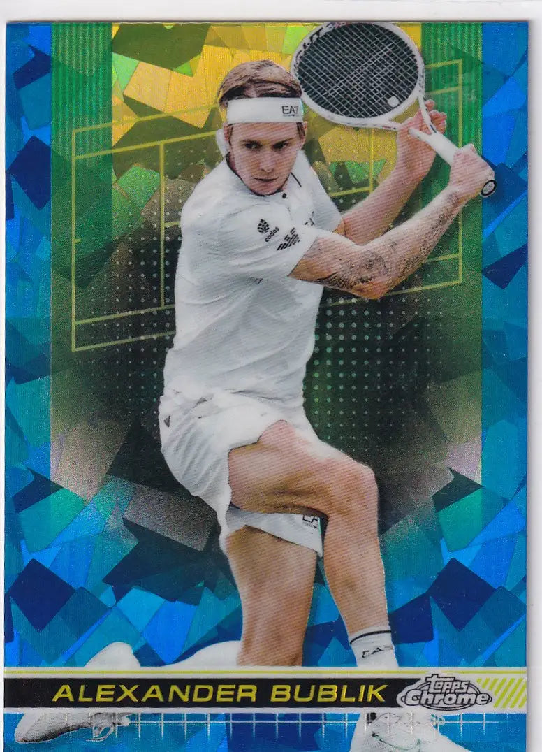 Tennis player in white preparing a backhand shot on 2024 Topps Chrome Sapphire card