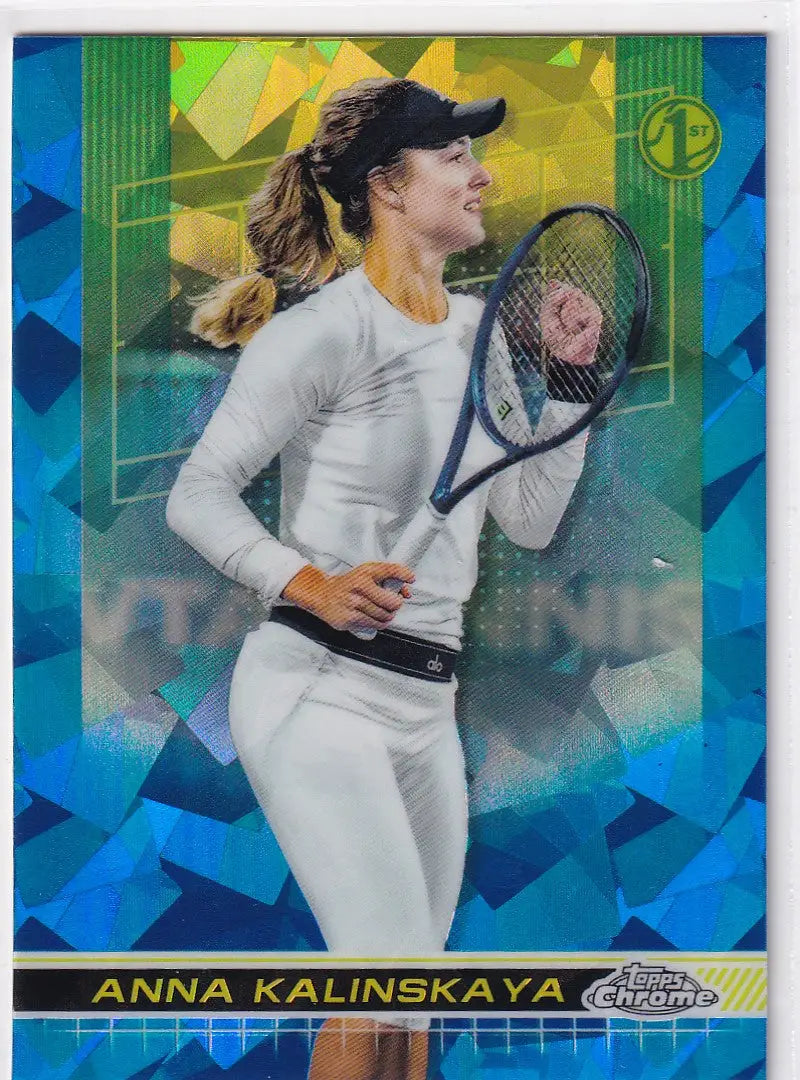 Tennis player in white attire with racquet featured in Topps Chrome Sapphire card