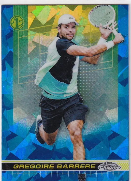 Tennis player in black and mint green ready for backhand, Topps Chrome Sapphire card