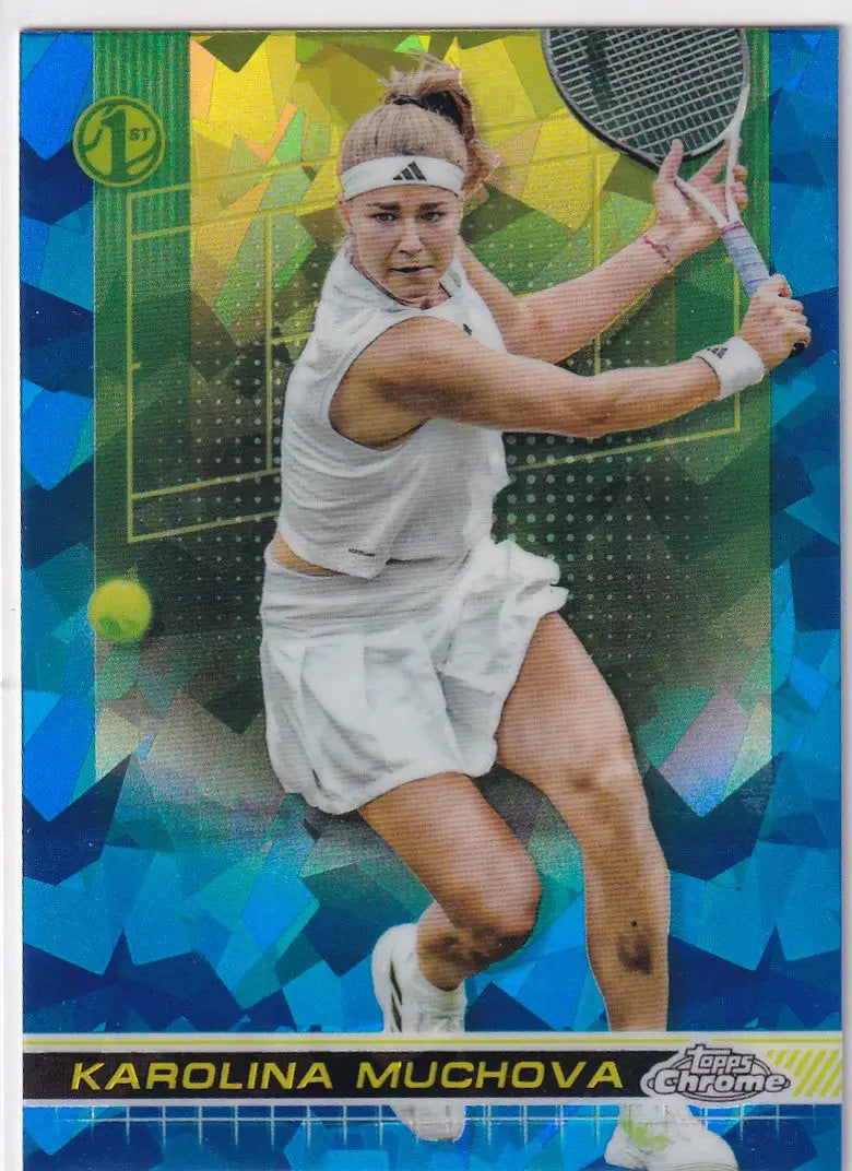 Tennis player in white attire ready to hit backhand shot Topps Chrome Sapphire card