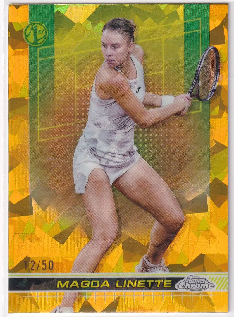 Tennis player in white ready for a backhand shot on Topps Chrome Sapphire Gold card