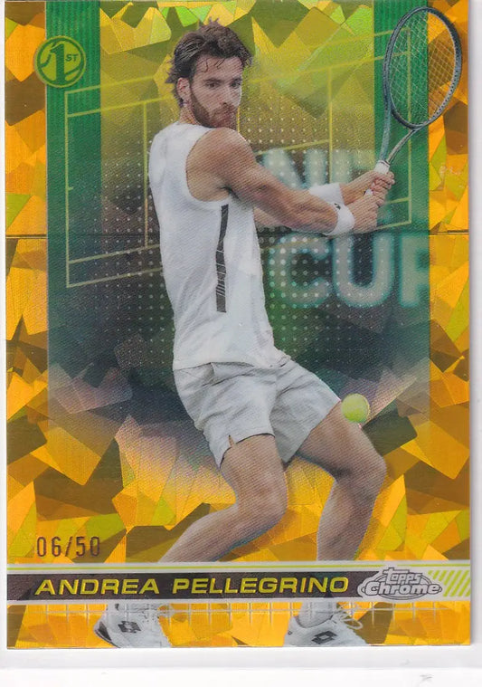 Tennis player hitting backhand on 2024 Topps Chrome Sapphire Gold trading card