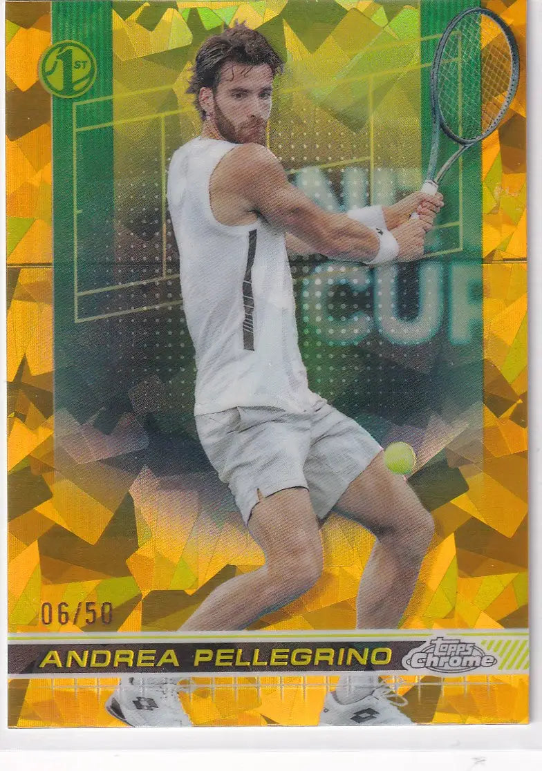 Tennis player hitting backhand on 2024 Topps Chrome Sapphire Gold trading card