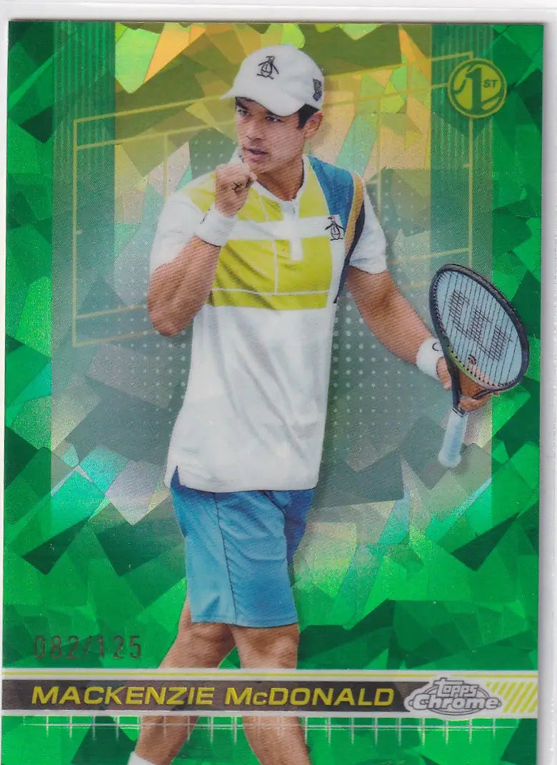 Tennis player in white and yellow gear with racquet on Topps Chrome Sapphire card