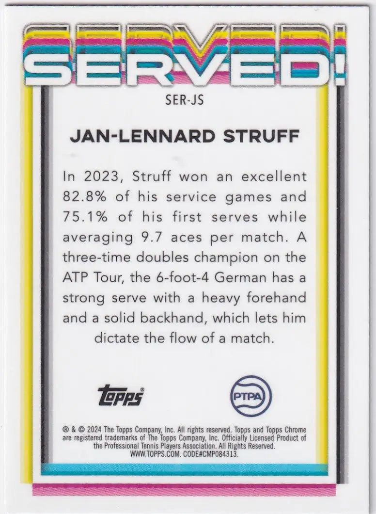 Trading card of Jan-Lennard Struff’s 2023 serving stats from Topps Chrome Served