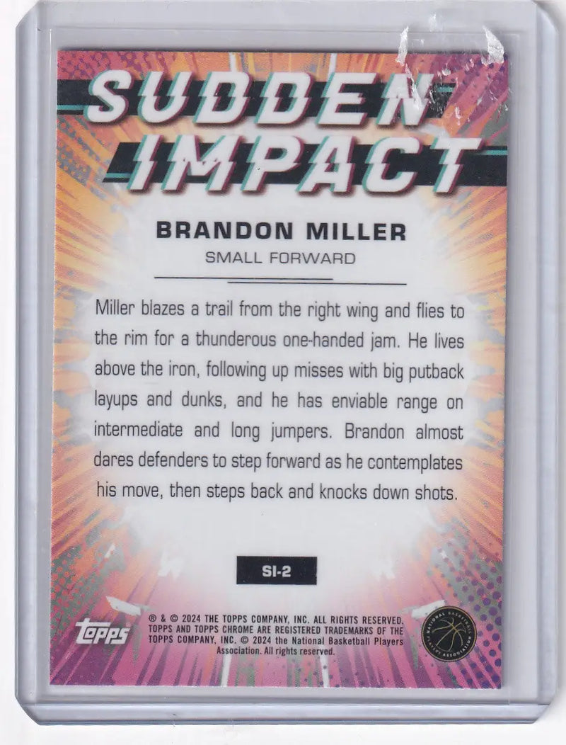 2024 TOPPS CHROME #SI-2 BRANDON MILLER SUDDEN IMPACT REFRACTOR- CHARLOTTE HORNET - Basketball Card Single