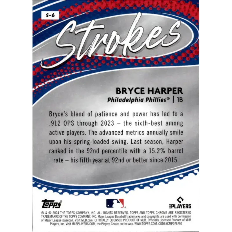 2024 Topps Chrome Strokes Refractor #S-6 Bryce Harper NM-MT Philadelphia Phillies Baseball Card - Baseball Card Single