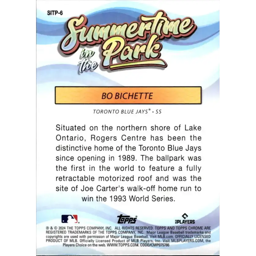 2024 Topps Chrome Summertime in the Park Refractor #SITP-6 Bo Bichette NM-MT Toronto Blue Jays Baseball Card - Baseball
