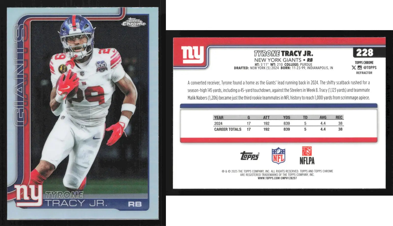 2024 Topps Chrome TYRONE TRACY JR. #228 Chrome Refractor New York Giants RC - Football Card Single