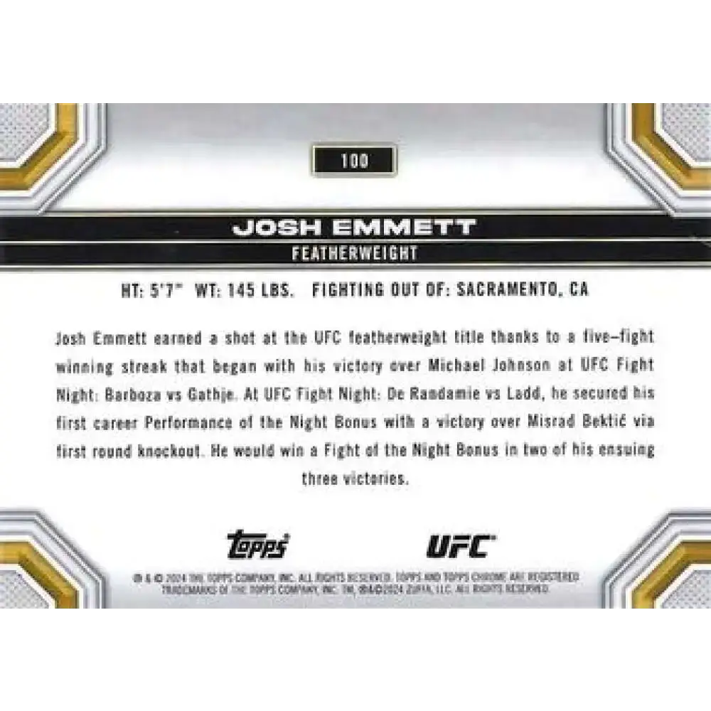 2024 Topps Chrome UFC #100 Josh Emmett NM-MT MMA Card - UFC/MMA Card Single