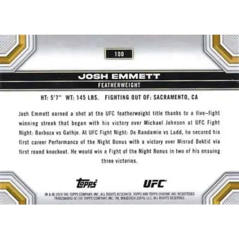 2024 Topps Chrome UFC #100 Josh Emmett NM-MT MMA Card - UFC/MMA Card Single