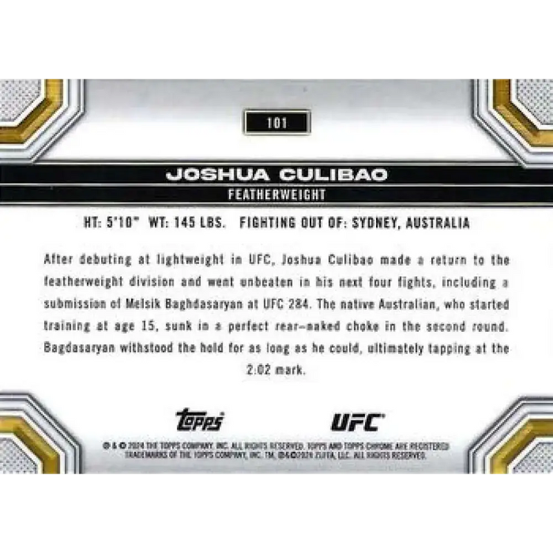 2024 Topps Chrome UFC #101 Joshua Culibao NM-MT RC Rookie MMA Card - UFC/MMA Card Single
