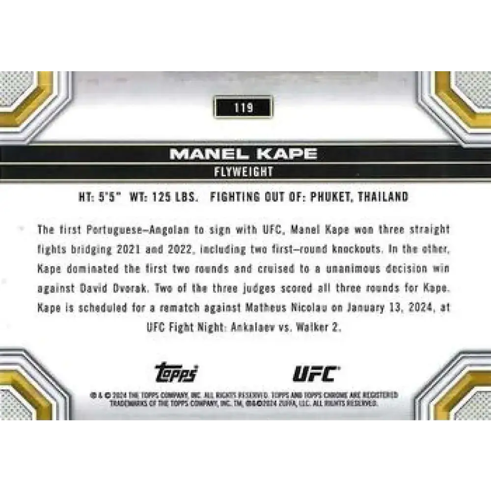 2024 Topps Chrome UFC #119 Manel Kape NM-MT RC Rookie MMA Card - UFC/MMA Card Single