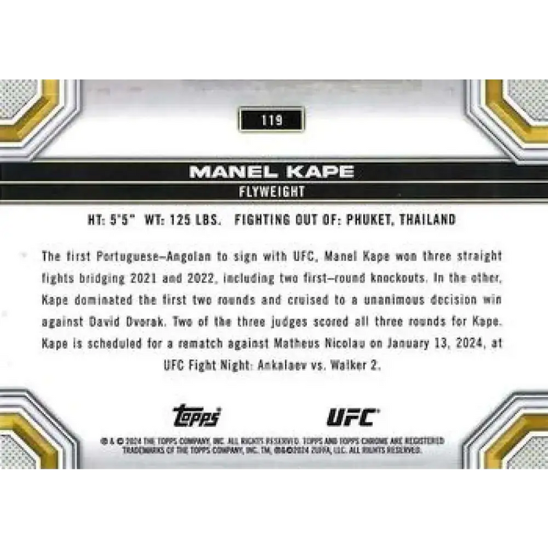 2024 Topps Chrome UFC #119 Manel Kape NM-MT RC Rookie MMA Card - UFC/MMA Card Single