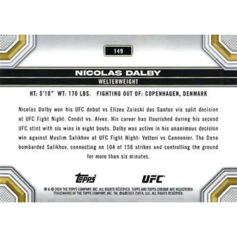 2024 Topps Chrome UFC #149 Nicolas Dalby NM-MT RC Rookie MMA Card - UFC/MMA Card Single