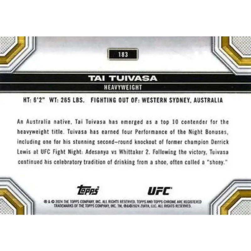 2024 Topps Chrome UFC #183 Tai Tuivasa NM-MT MMA Card - UFC/MMA Card Single