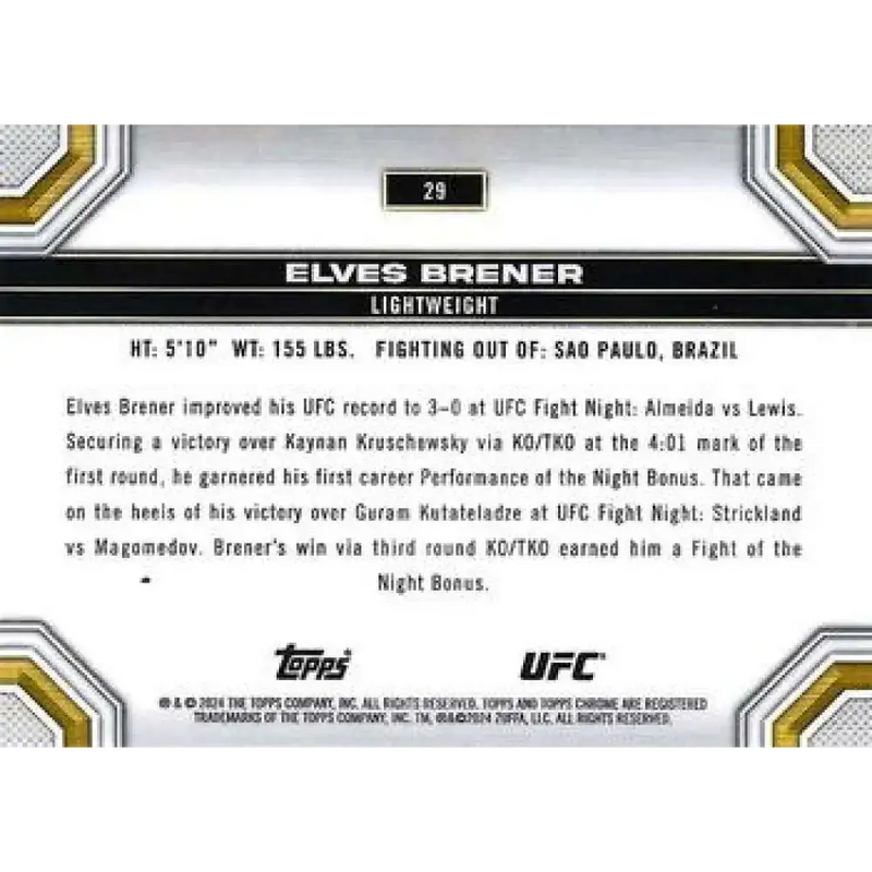 2024 Topps Chrome UFC #29 Elves Brener NM-MT RC Rookie MMA Card - UFC/MMA Card Single