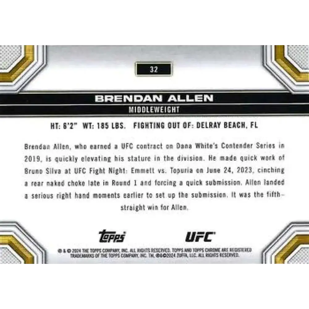 2024 Topps Chrome UFC #32 Brendan Allen NM-MT MMA Card - UFC/MMA Card Single