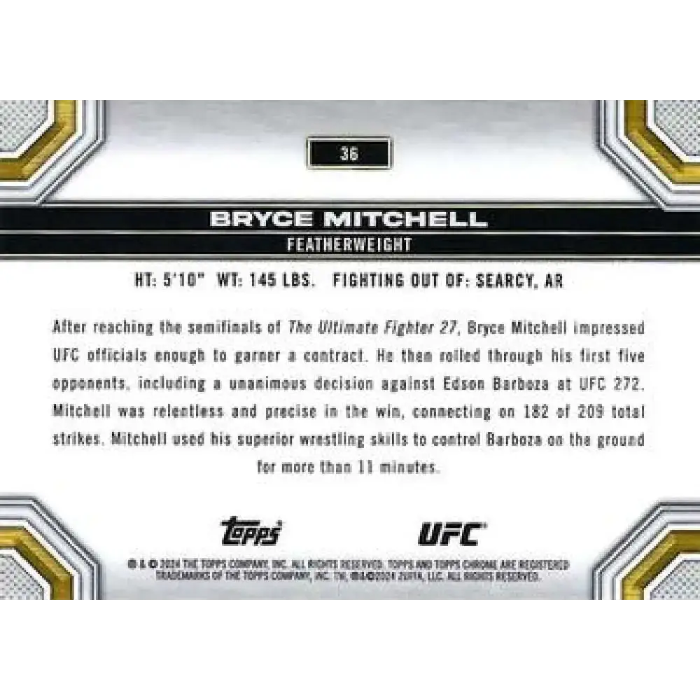 2024 Topps Chrome UFC #36 Bryce Mitchell NM-MT MMA Card - UFC/MMA Card Single