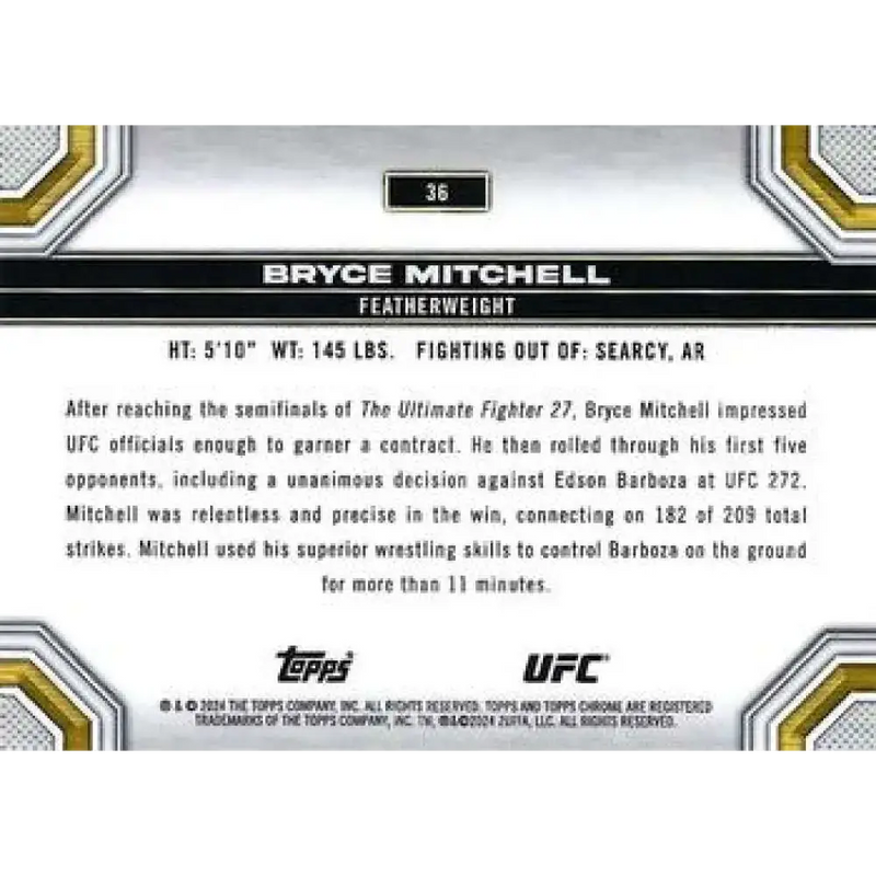 2024 Topps Chrome UFC #36 Bryce Mitchell NM-MT MMA Card - UFC/MMA Card Single