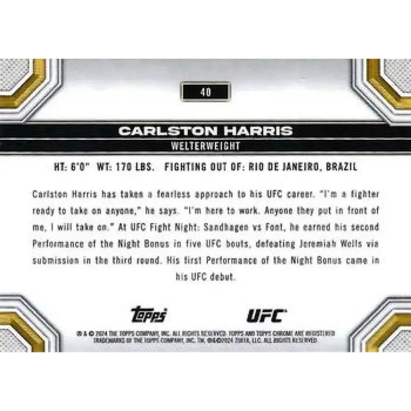 2024 Topps Chrome UFC #40 Carlston Harris NM-MT RC Rookie MMA Card - UFC/MMA Card Single