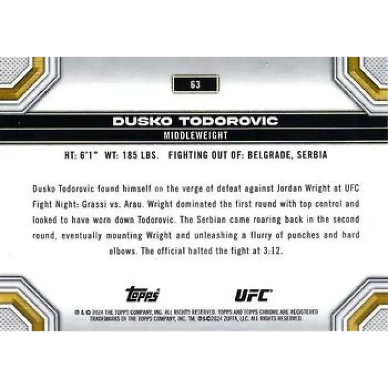 2024 Topps Chrome UFC #63 Dusko Todorovic NM-MT RC Rookie MMA Card - UFC/MMA Card Single