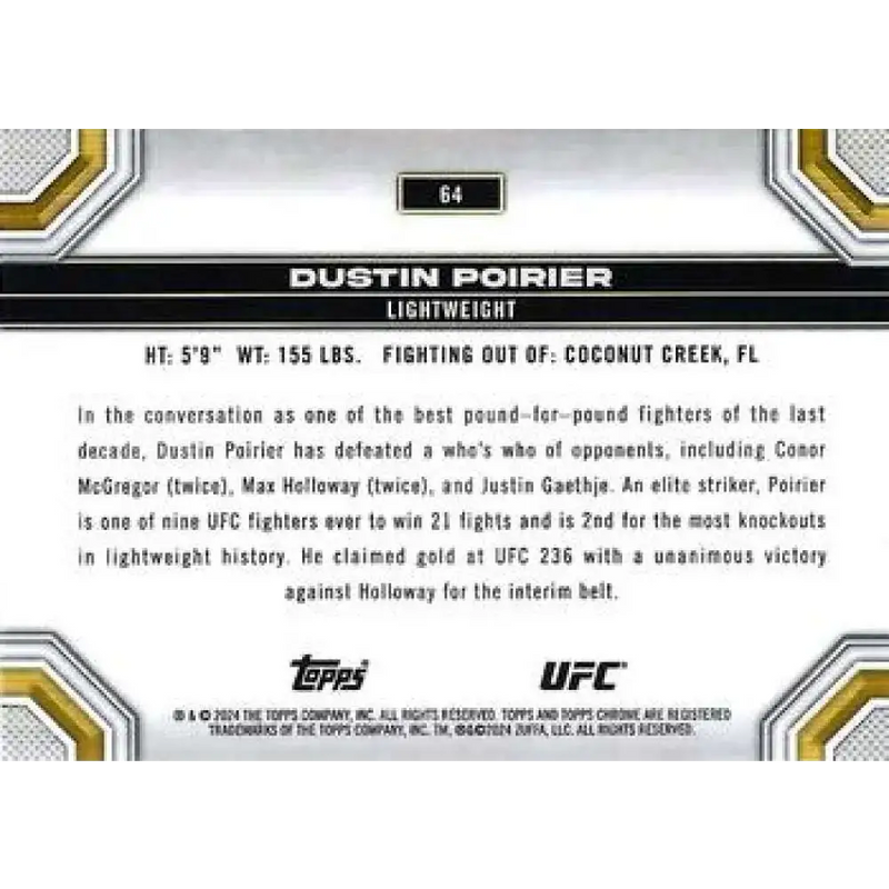 2024 Topps Chrome UFC #64 Dustin Poirier NM-MT MMA Card - UFC/MMA Card Single
