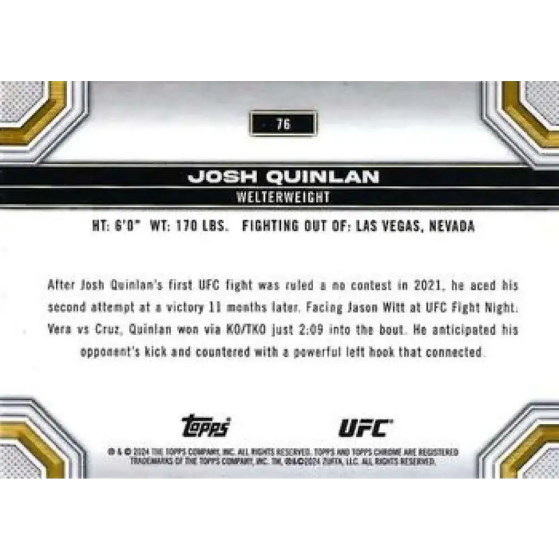 2024 Topps Chrome UFC #76 Josh Quinlan NM-MT RC Rookie MMA Card - UFC/MMA Card Single