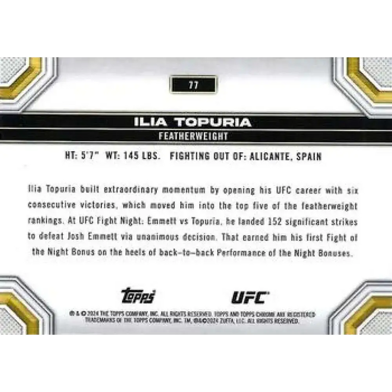 2024 Topps Chrome UFC #77 Ilia Topuria NM-MT MMA Card - UFC/MMA Card Single