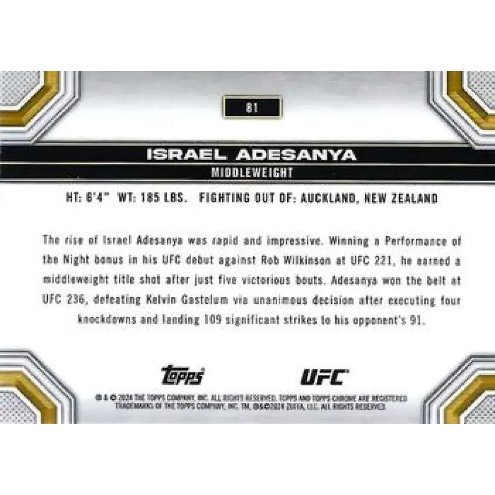 2024 Topps Chrome UFC #81 Israel Adesanya NM-MT MMA Card - UFC/MMA Card Single