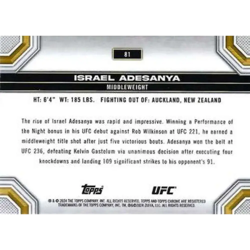 2024 Topps Chrome UFC #81 Israel Adesanya NM-MT MMA Card - UFC/MMA Card Single