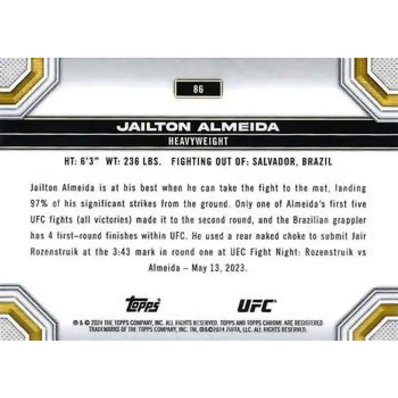 2024 Topps Chrome UFC #86 Jailton Almeida NM-MT MMA Card - UFC/MMA Card Single