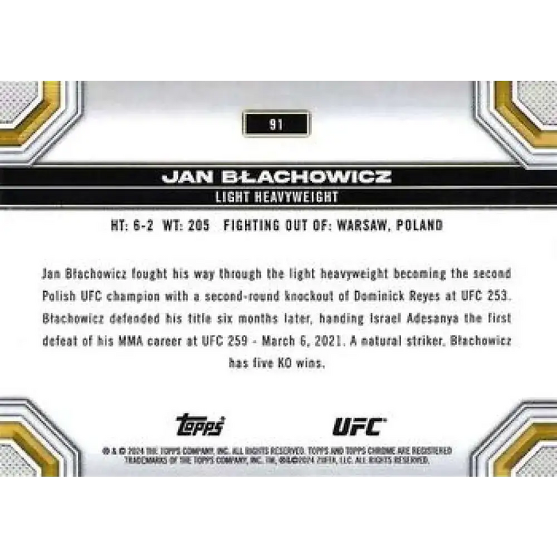 2024 Topps Chrome UFC #91 Jan Blachowicz NM-MT MMA Card - UFC/MMA Card Single
